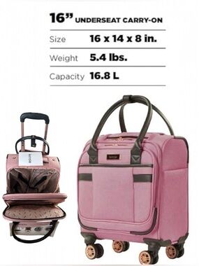 Kensie Rose Pink Rolling Underseater Tote carry on  16” with Black Handles NEW